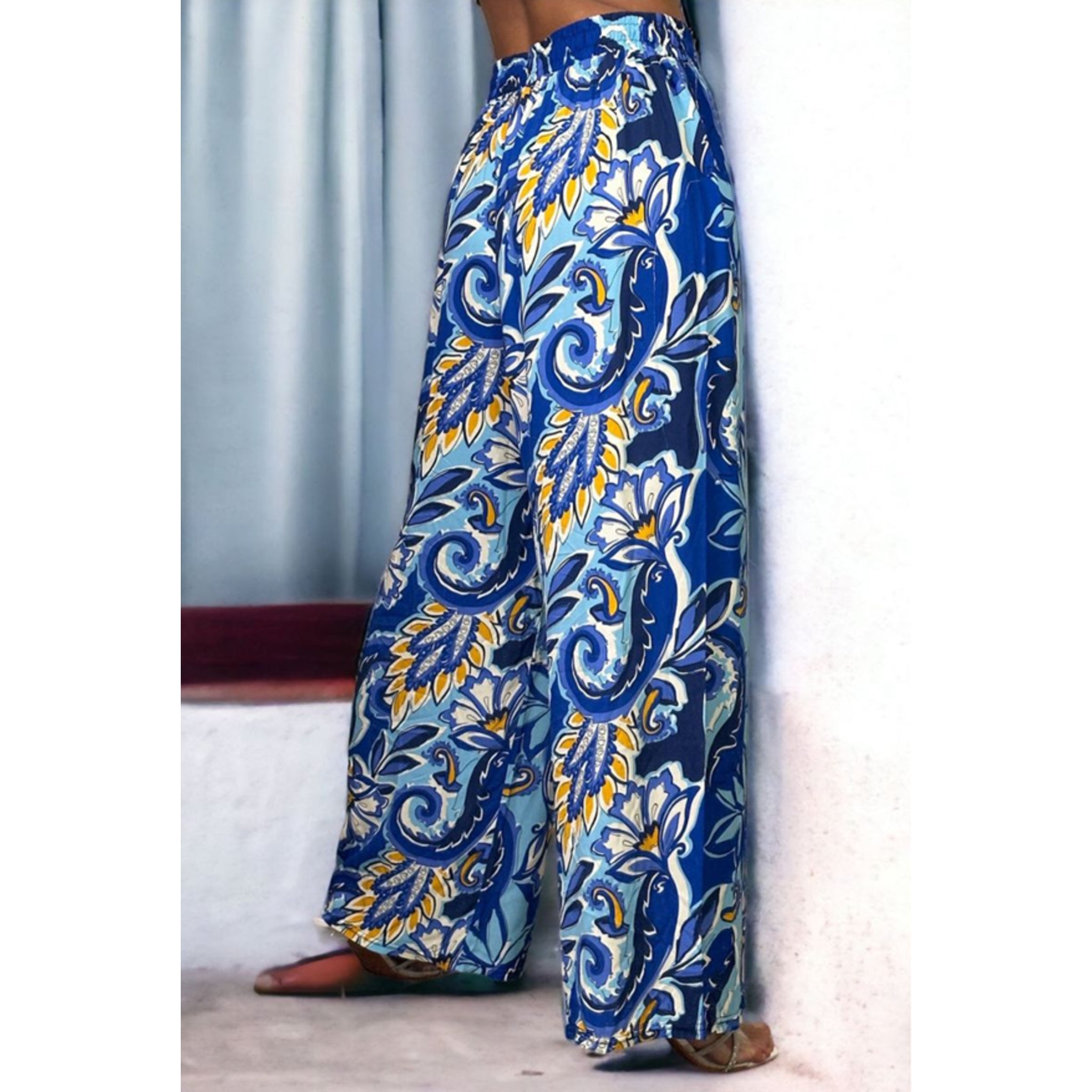 Ladies' wide leg palazzo trousers with bold blue floral and paisley print – lightweight elasticated waist summer pants